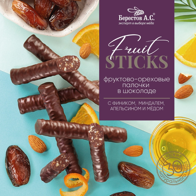 FruitSticks Палочки в шок. с фиником, миндалем, апельсином и медом 175 гр