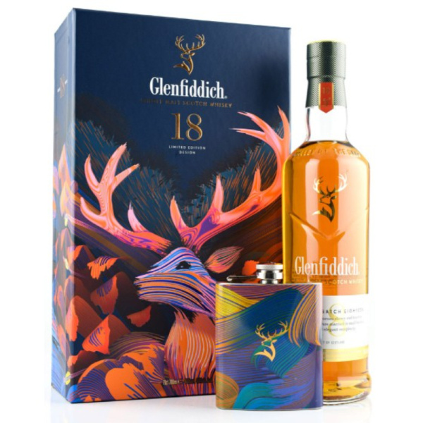 Подарочный набор виски односолодовый Glenfiddich 18 с фляжкой 0,7